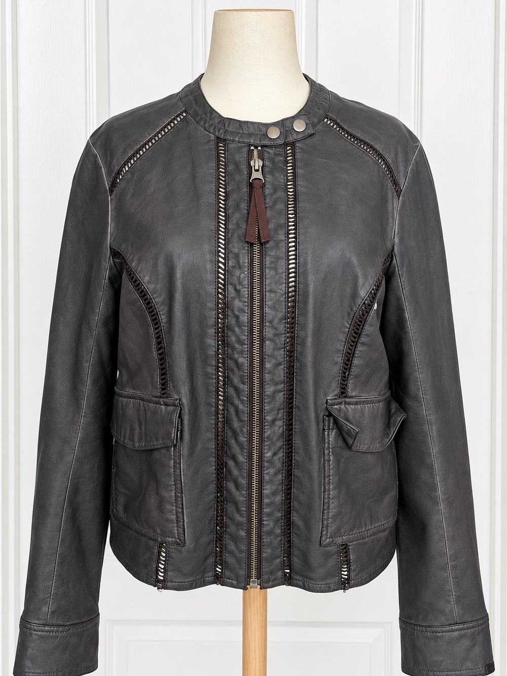 Anthropologie Charcoal Gray Leather Zip-Front Jacket